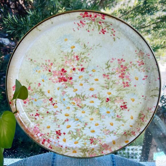 Vintage Fiberglass Serving Tray with Daisy Floral Design – 13.25” Round - Picture 1 of 10